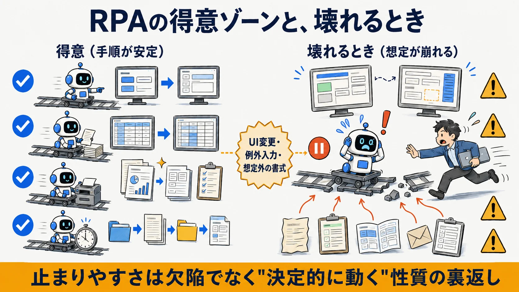 RPAが得意な定型業務と、UI変更や例外入力で壊れる典型パターンの図解