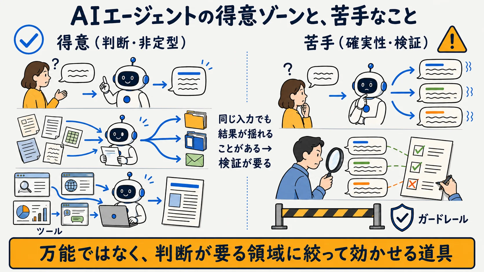 AIエージェントが得意な非定型業務と、確実性・検証が課題になる苦手領域の図解