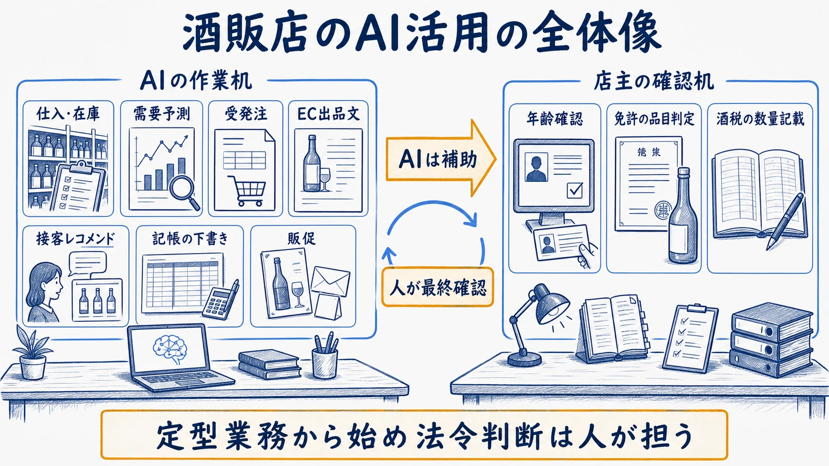 酒販店の業務を定型処理と法令判断に分けてAIと人の担当範囲を示す全体図