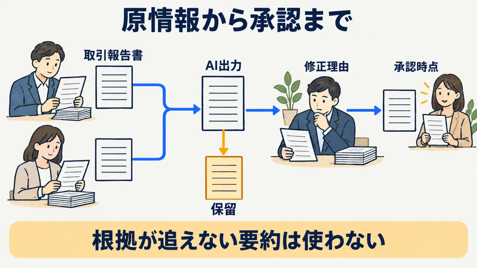 取引報告書の原情報、AI出力、担当者の修正、承認を結ぶ連鎖図
