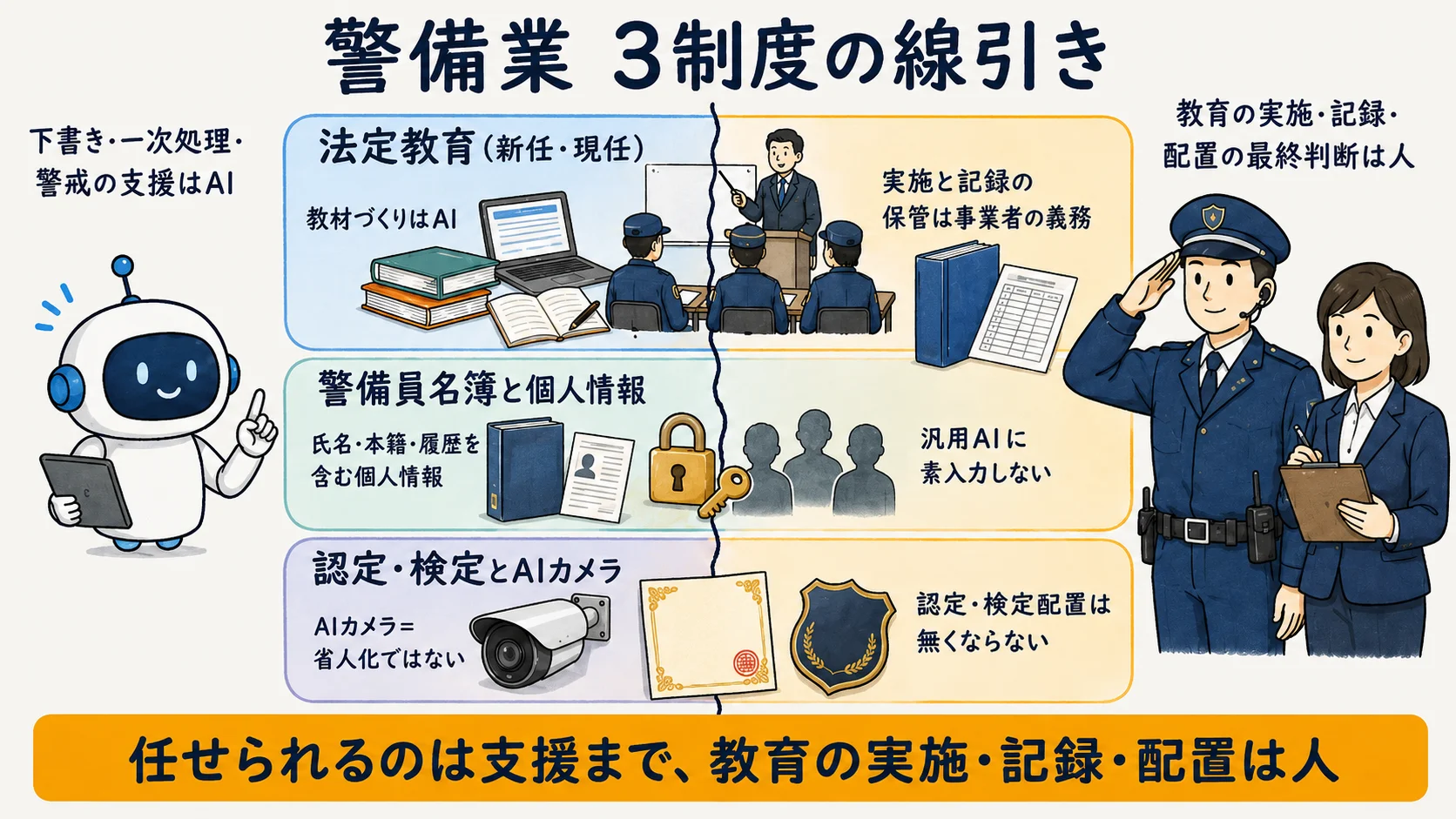 警備業3制度の線引き:法定教育の実施義務・警備員名簿と個人情報・認定と検定配置の関係を整理した図