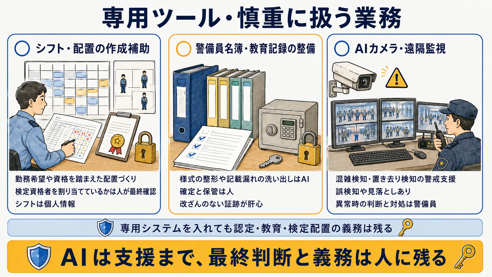 警備業で専用ツール・体制が前提の業務:シフト配置補助・名簿と教育記録の整備・AIカメラ遠隔監視の注意点を示す図