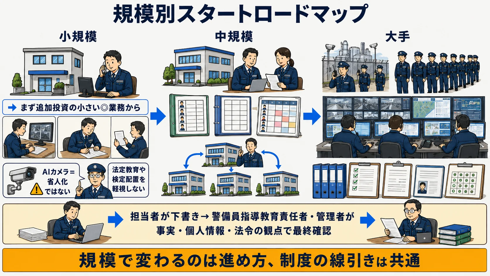 警備業の規模別スタートロードマップ:小規模・中規模・大手それぞれの着手順と二段構えの確認分担を示す図