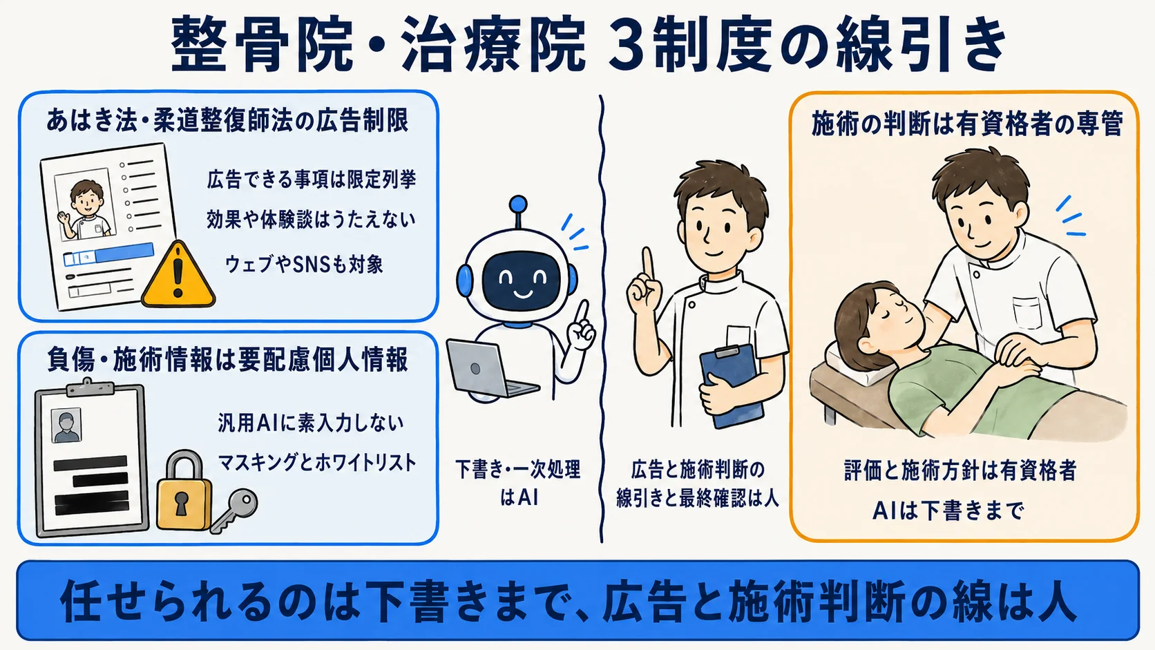 整骨院・治療院の3制度の線引き:あはき法・柔道整復師法の広告制限、負傷・施術情報の要配慮個人情報、施術判断は有資格者専管の関係を整理した図