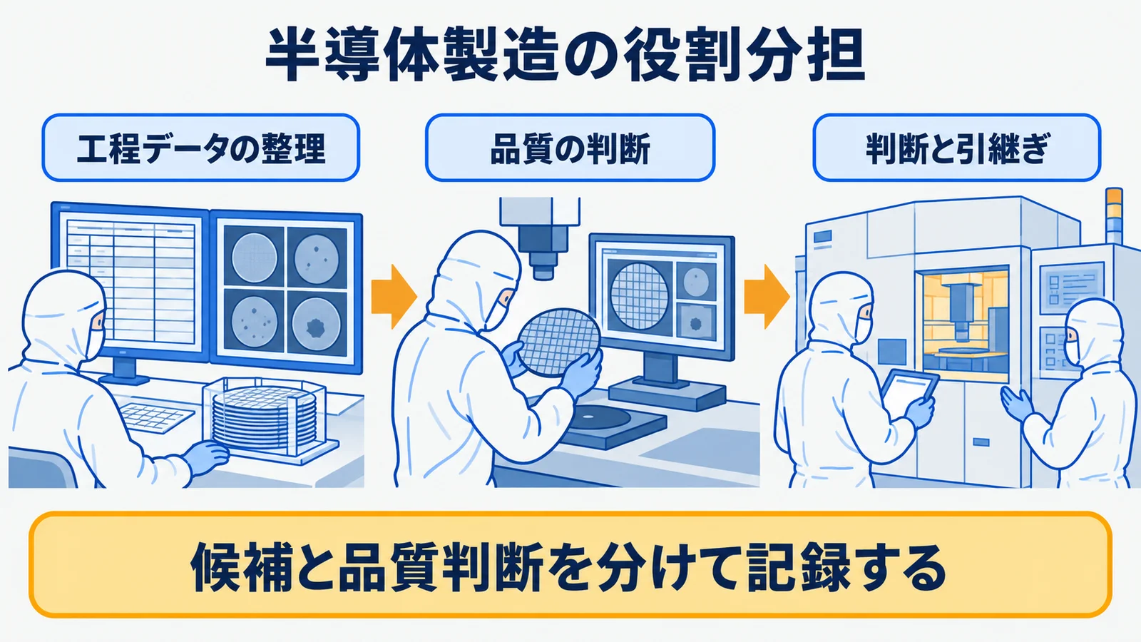 ウェーハ、検査画像、工程条件表、露光装置を使う工程と品質確認の役割分担表