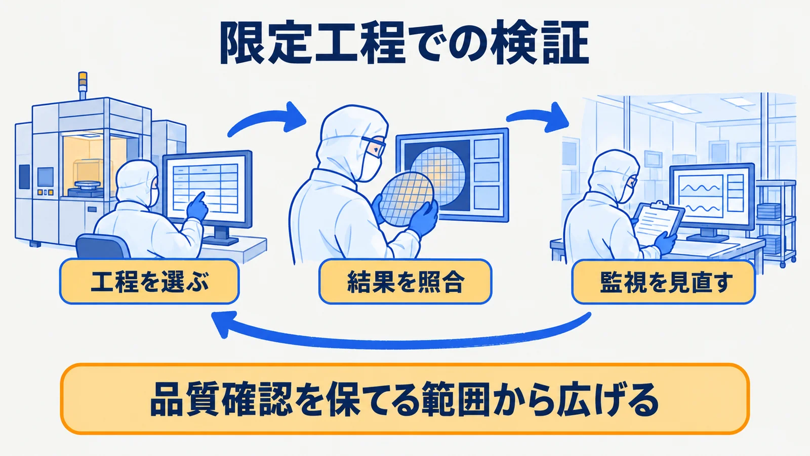 工程の選定、データ照合、候補確認、品質確認、監視見直しを示す5段階