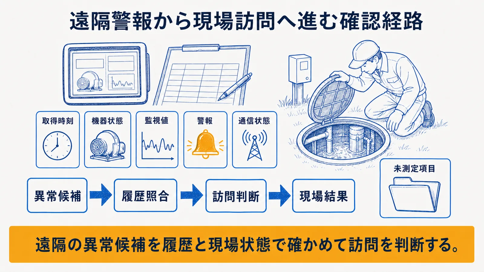 センサー情報から異常候補・訪問判断へ進む流れ