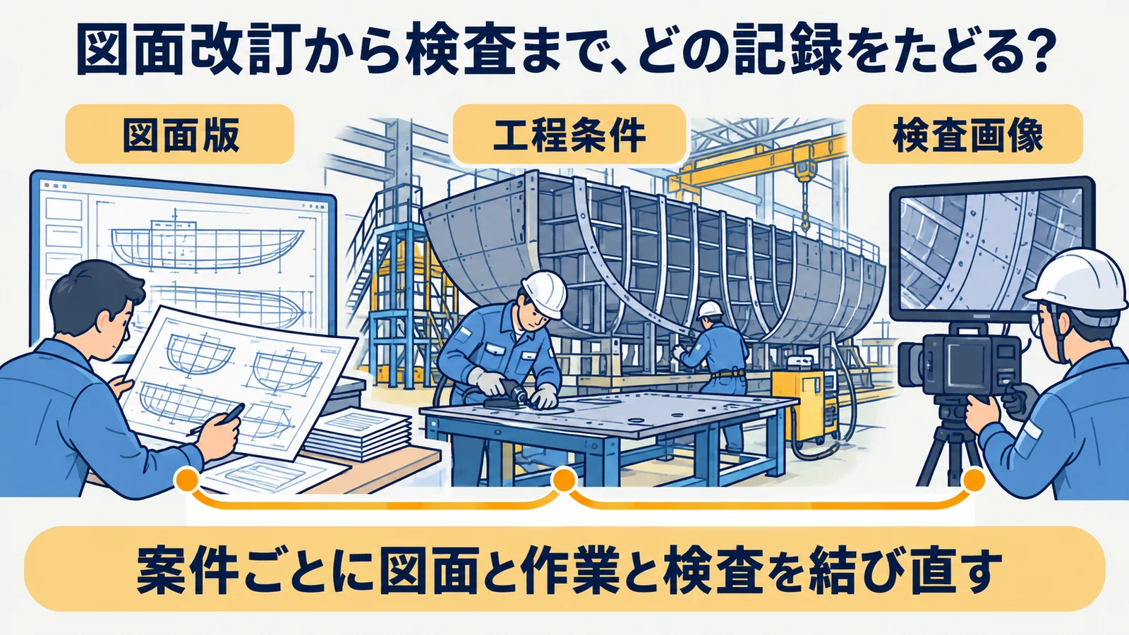 図面版から検査記録までを遡れる「改訂連鎖トレース表」の流れを示す図解