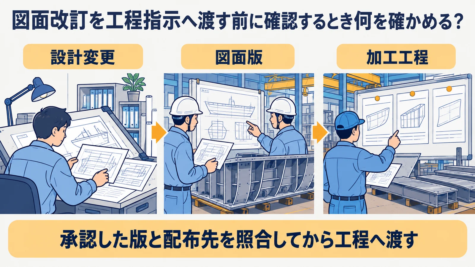 図面改訂を工程指示へ渡す前に確認する際の確認対象と判断の流れ