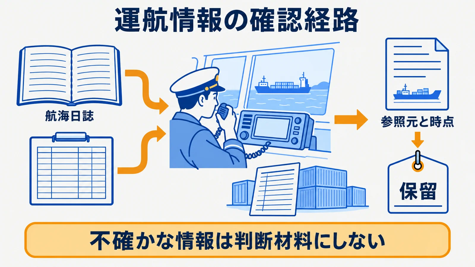 航海日誌、配船計画表、無線機の情報を確認へつなぐフロー