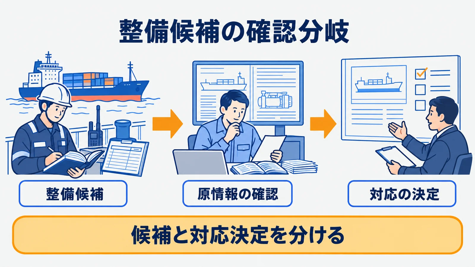 貨物船の記録から整備候補、確認、対応へ進む分岐図