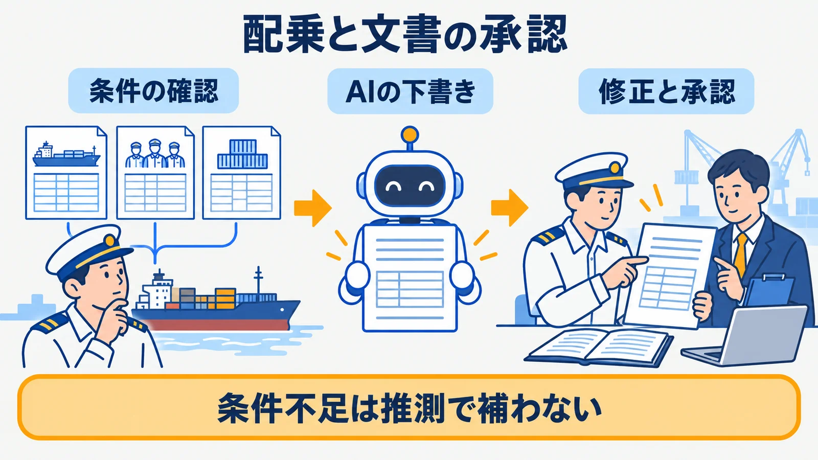 配船計画表、乗組員名簿、積荷目録の条件、下書き、承認を結ぶ図