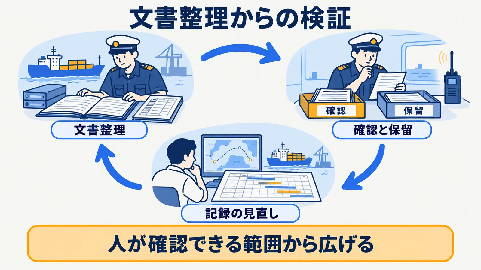 航海日誌の整理から確認、保留、見直しへ進む循環図