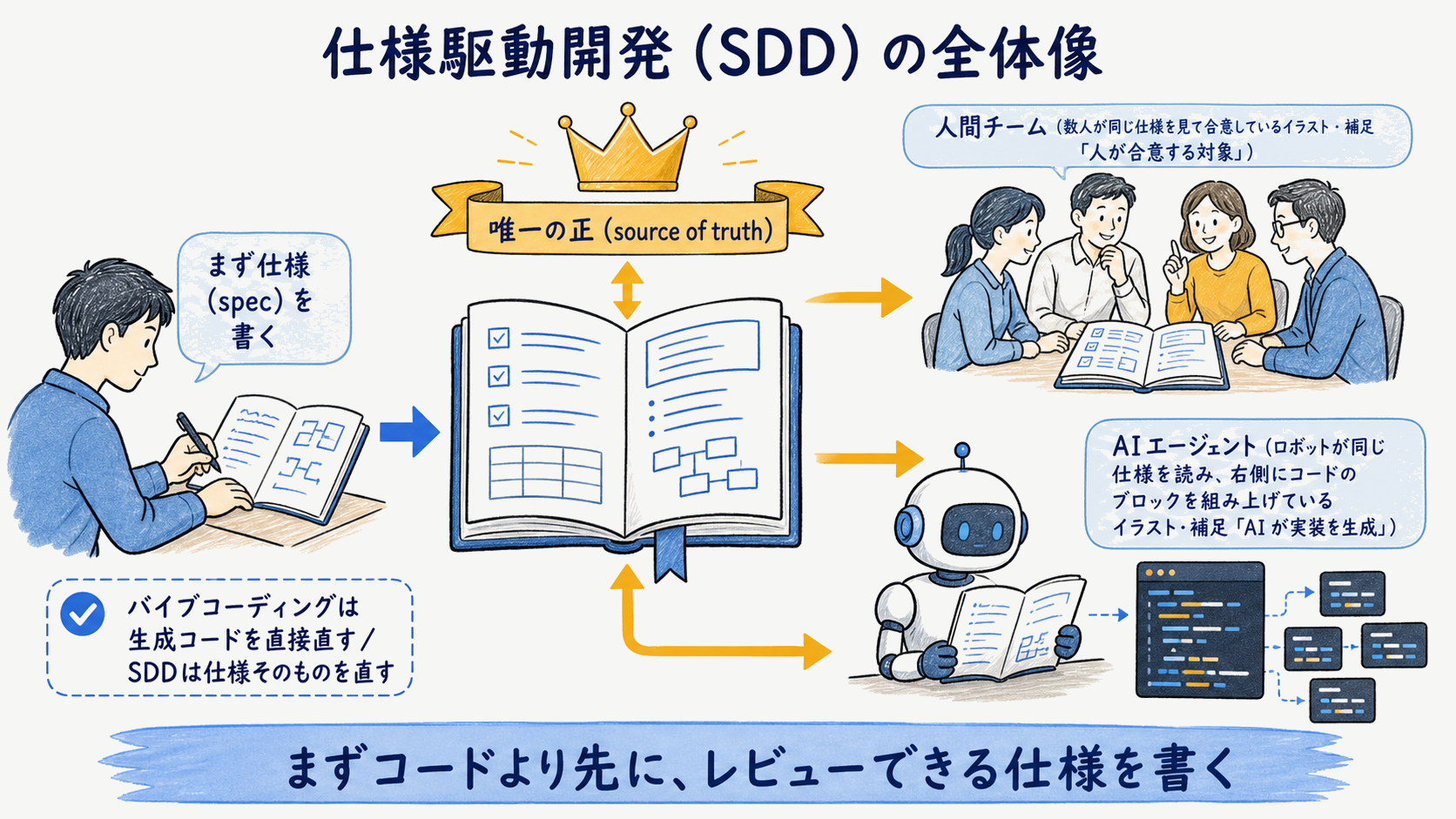 仕様駆動開発（SDD）の全体像：コードより先に仕様を書き人間とAIの唯一の正とする流れの図