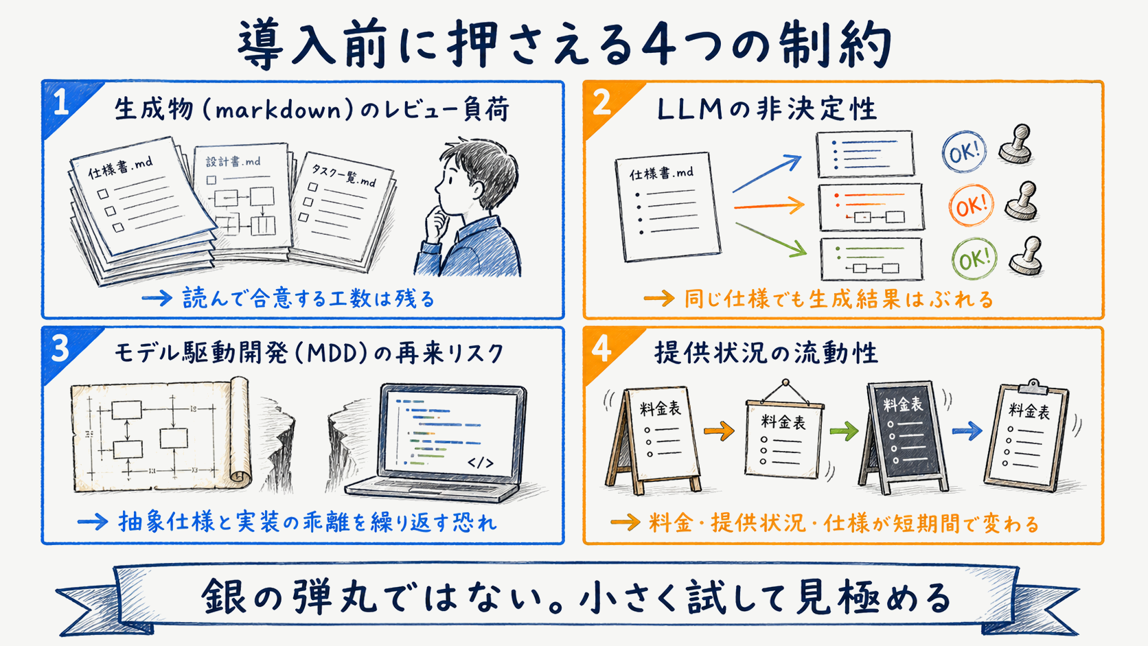 SDD導入前の制約：markdownレビュー負荷・LLM非決定性・MDD再来リスク・提供状況の流動性を示す注意図