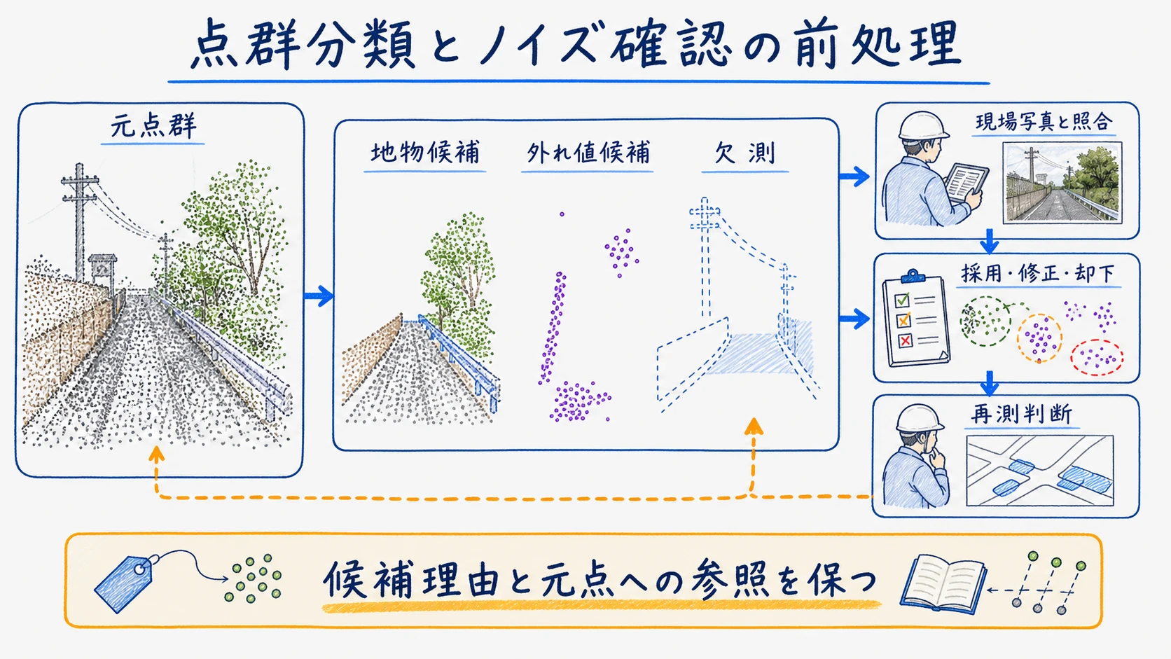 地物候補・欠測・外れ値を分けて点群処理する前処理フロー