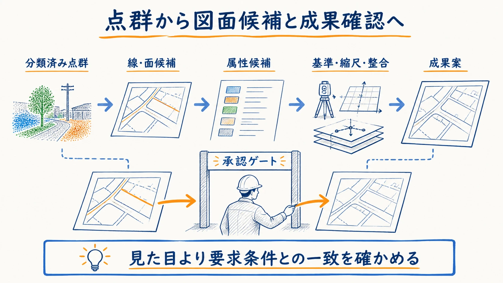 分類点群から線・面・属性候補を作り測量成果へつなぐ図化工程図