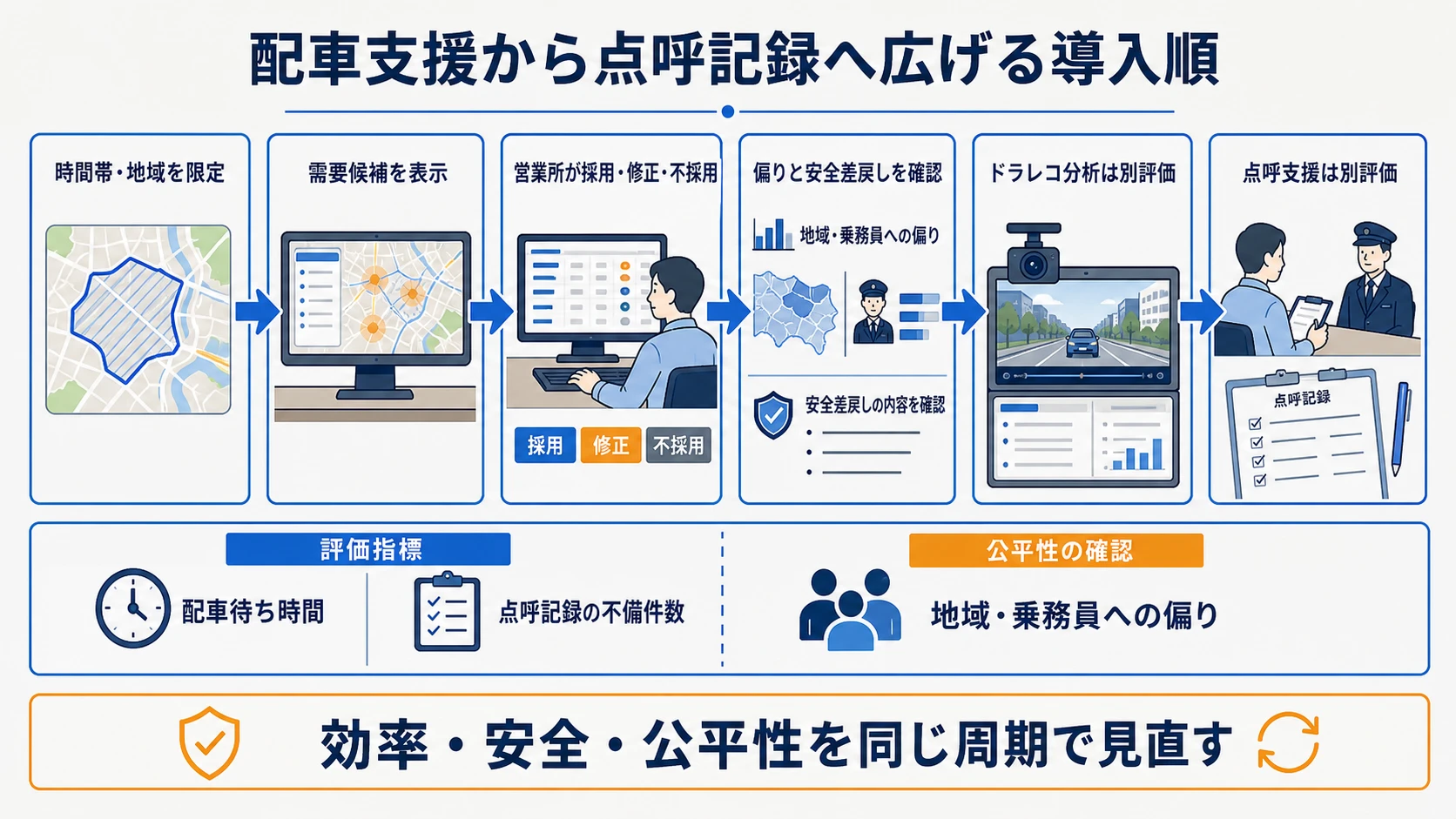 需要候補の限定表示から点呼記録の不備確認へ進む営業所導入ロードマップ