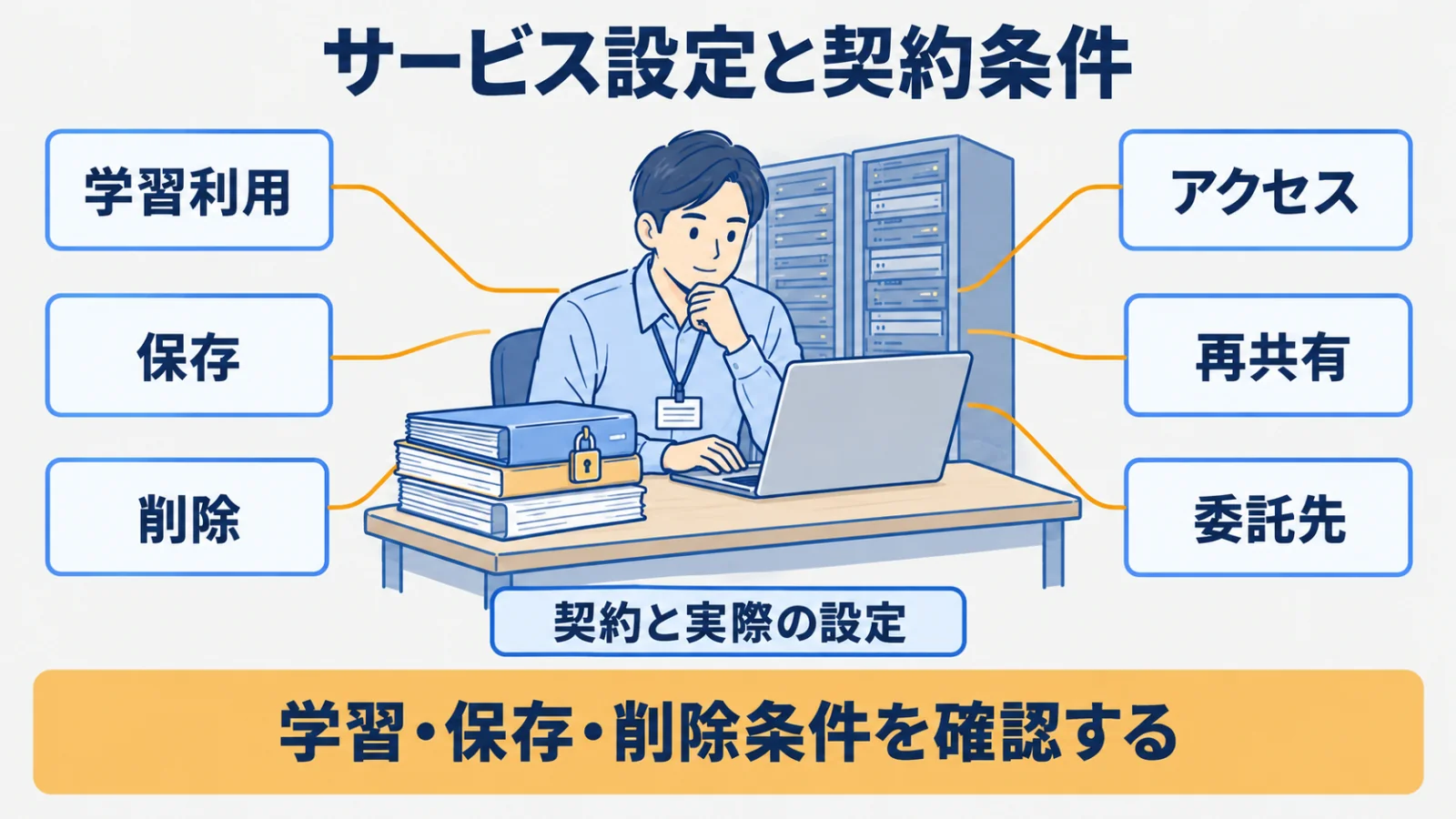 学習利用・保存・アクセス・再共有・削除を契約と設定で確認する図