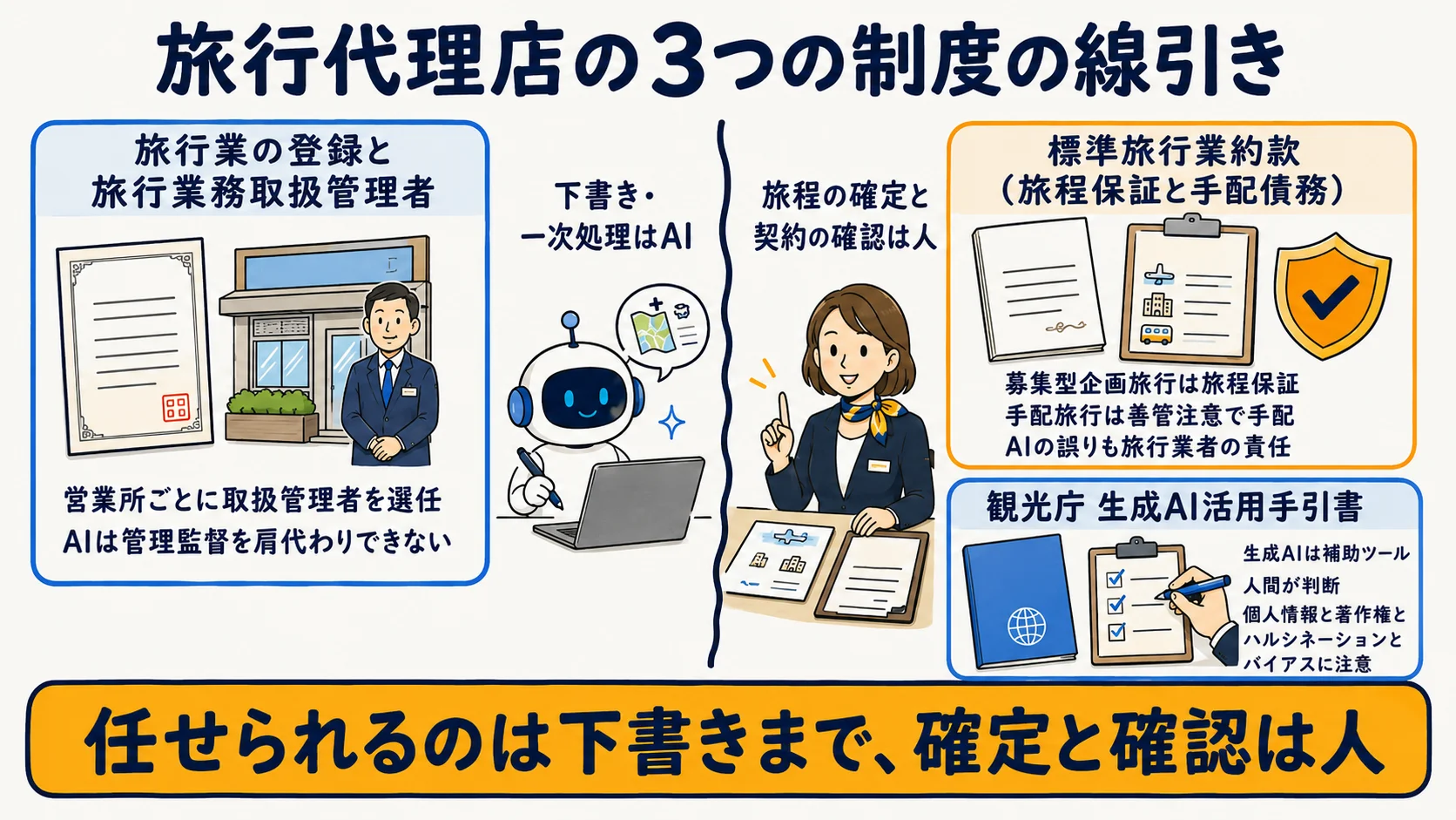 旅行代理店の3つの制度の線引き:旅行業の登録と取扱管理者・標準旅行業約款(旅程保証と手配債務)・観光庁手引書の関係を整理した図