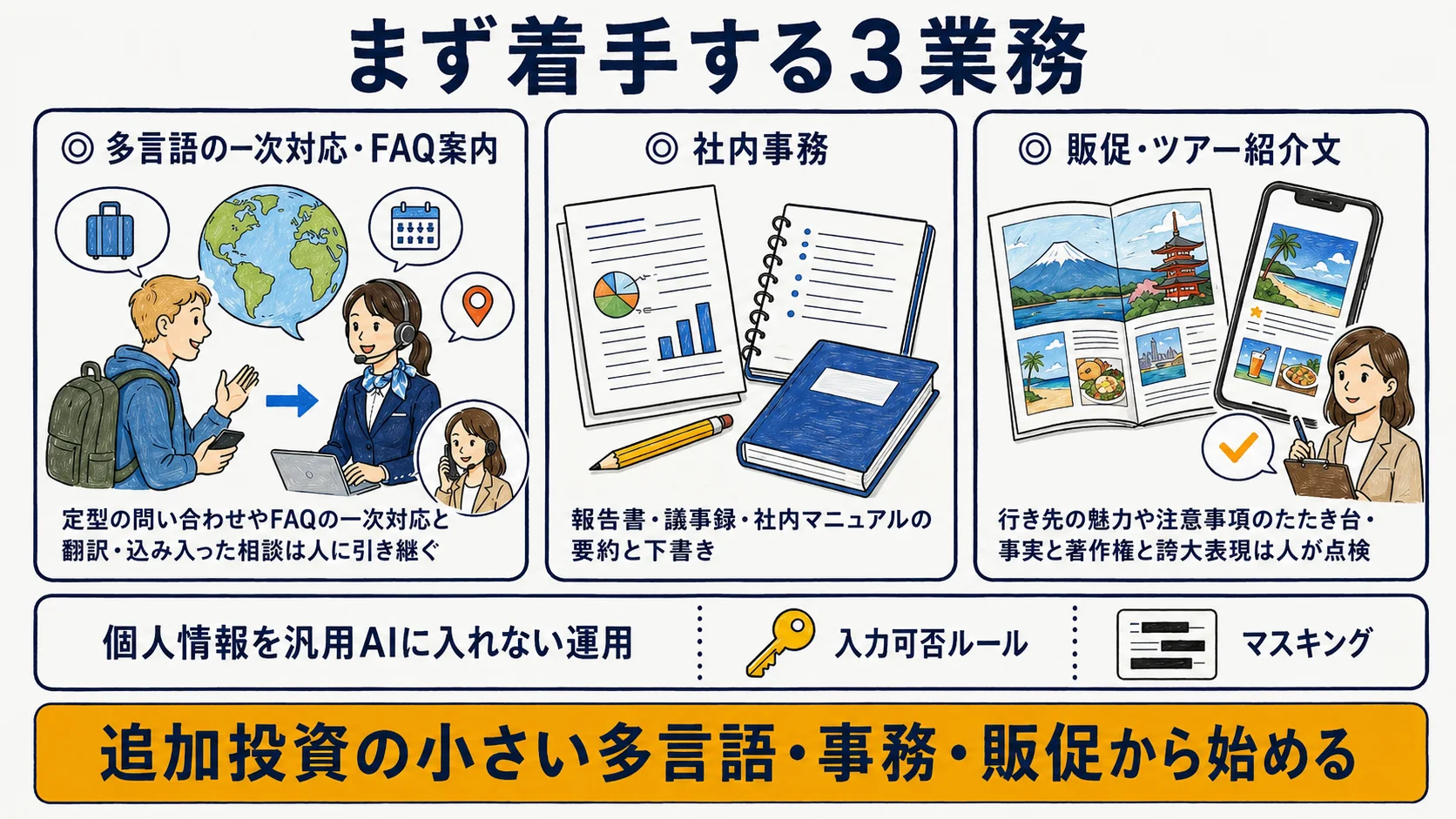 旅行代理店で今すぐ着手できる業務:多言語の一次対応・社内事務の文章支援・販促文の下書きの3領域と個人情報を入れない運用を示す図