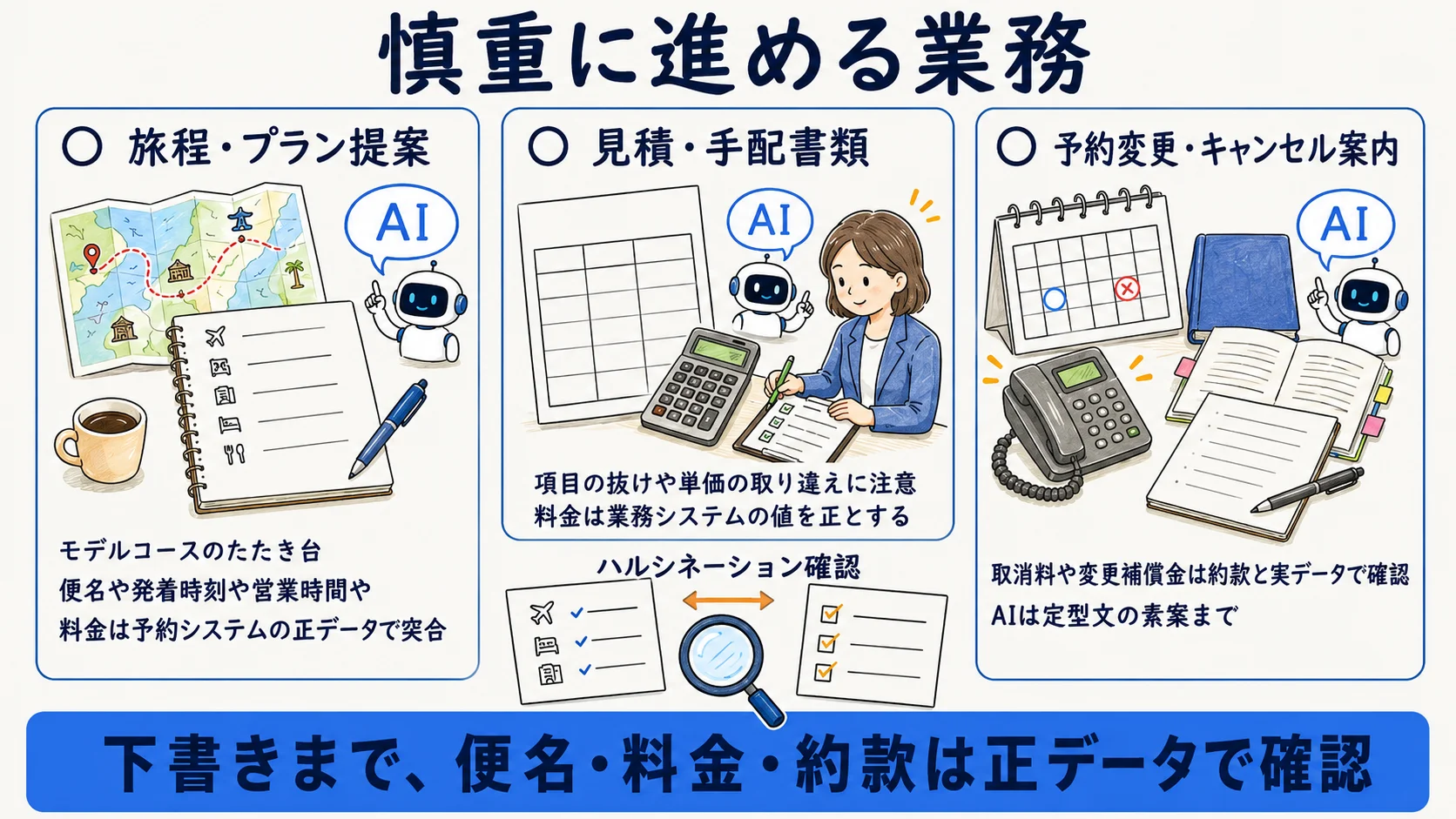 旅行代理店で慎重に進める業務:旅程提案の下書き・見積のたたき台・予約変更案内の文面とハルシネーション確認の注意点を示す図