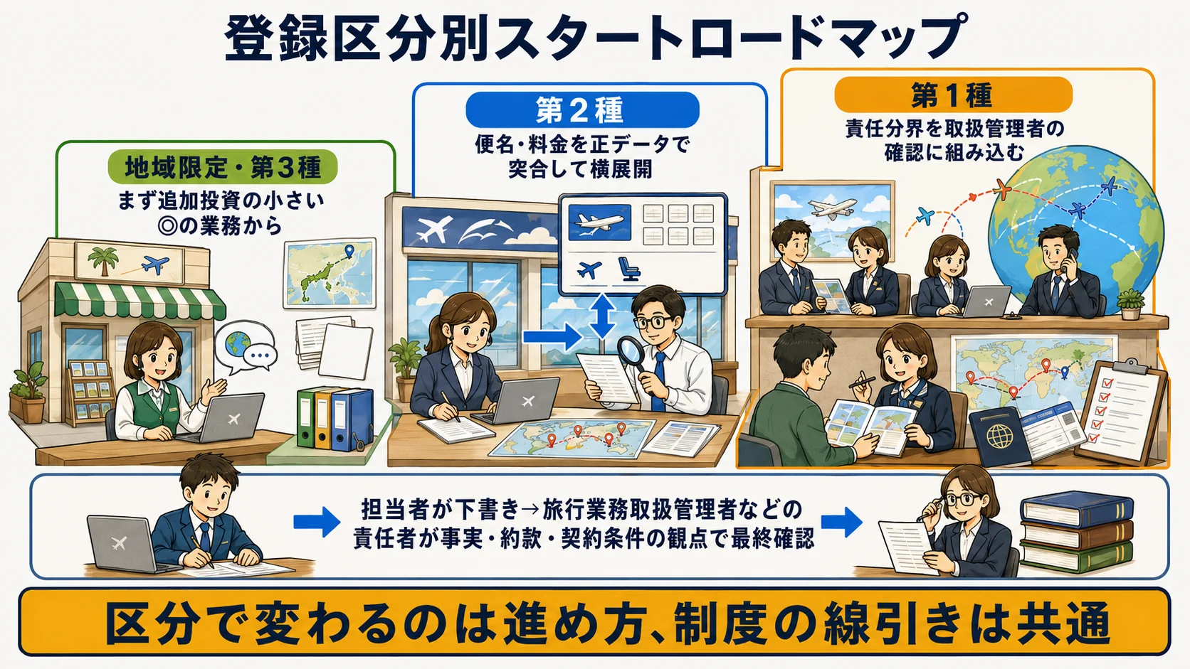 旅行代理店の登録区分別スタートロードマップ:地域限定・第3種/第2種/第1種それぞれの着手順と二段構えの確認分担を示す図