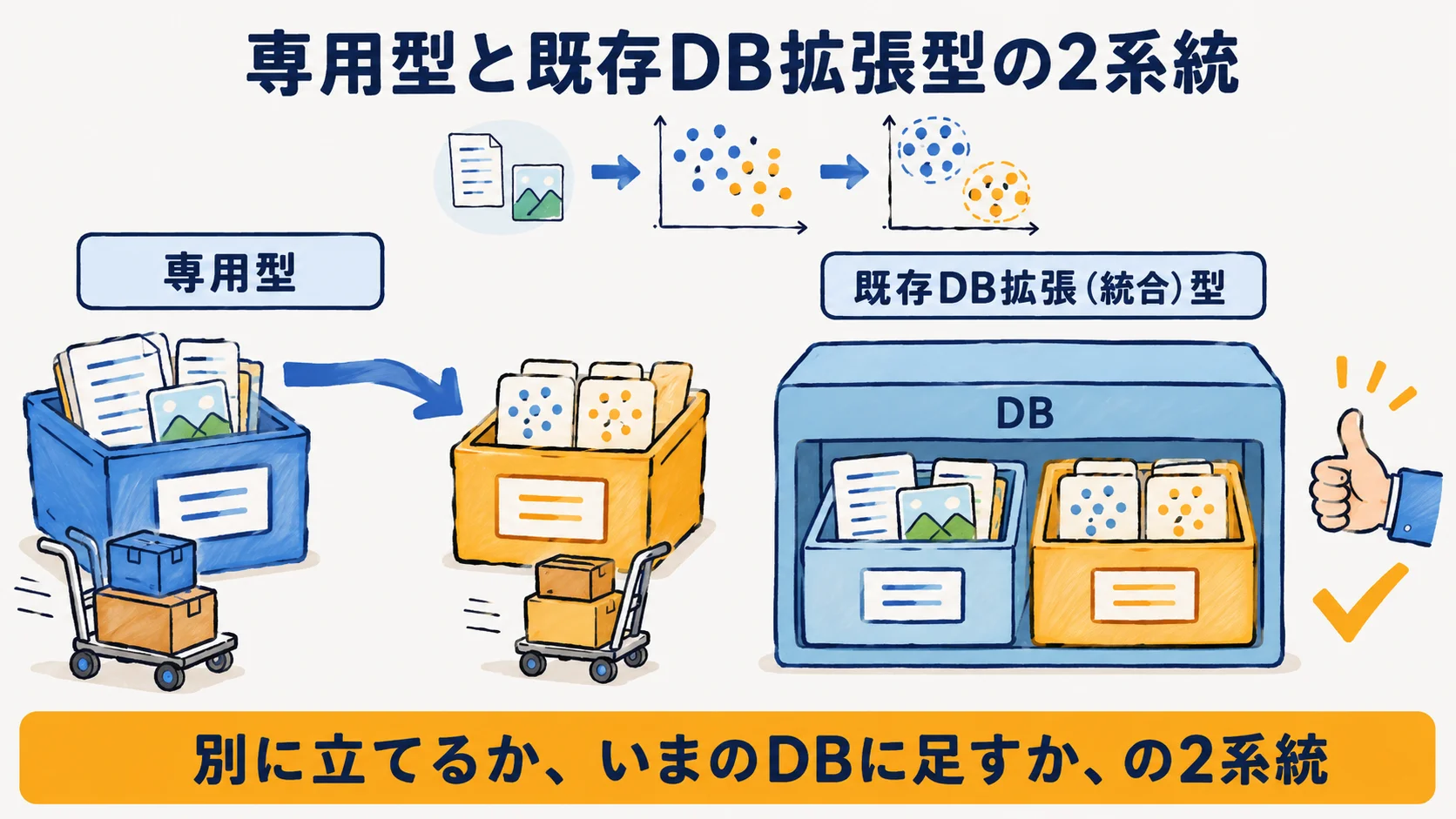 ベクトルデータベースの定義と2系統:専用(pure)型と既存DB拡張(統合)型の違いの図解