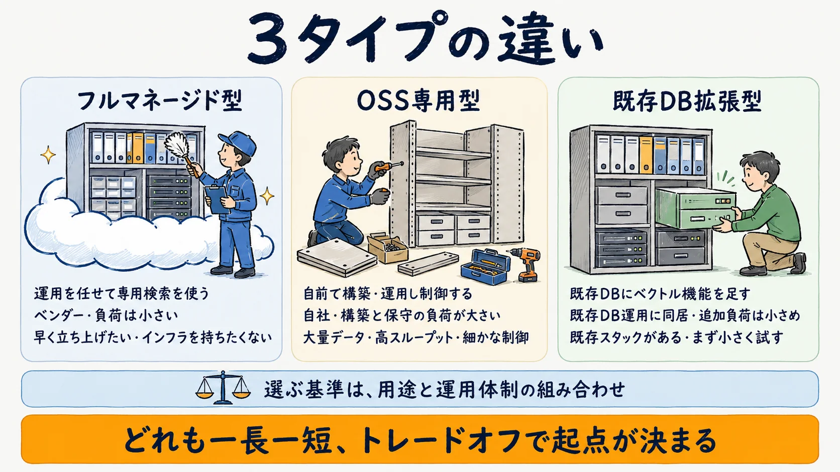 3タイプ比較表:フルマネージド型・OSS専用型・既存DB拡張型の考え方と代表例と向くケース