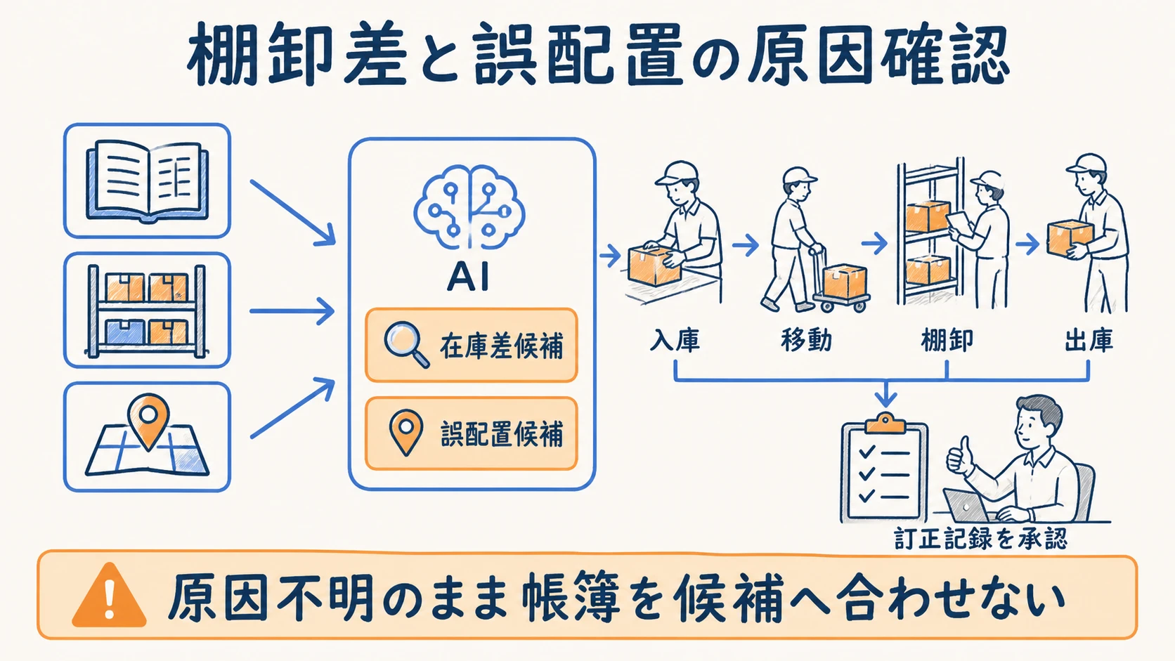 帳簿・現物・ロケーションから在庫差・滞留・誤配置を抽出する棚卸図