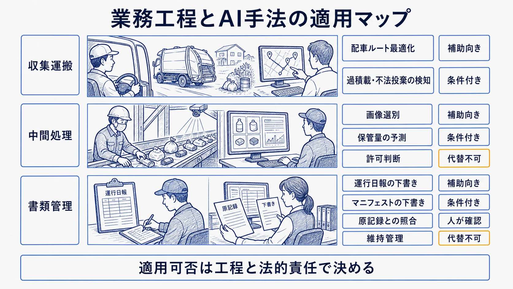 産廃5工程と配車・画像選別・文書生成・センサー・異常検知の適用可否表