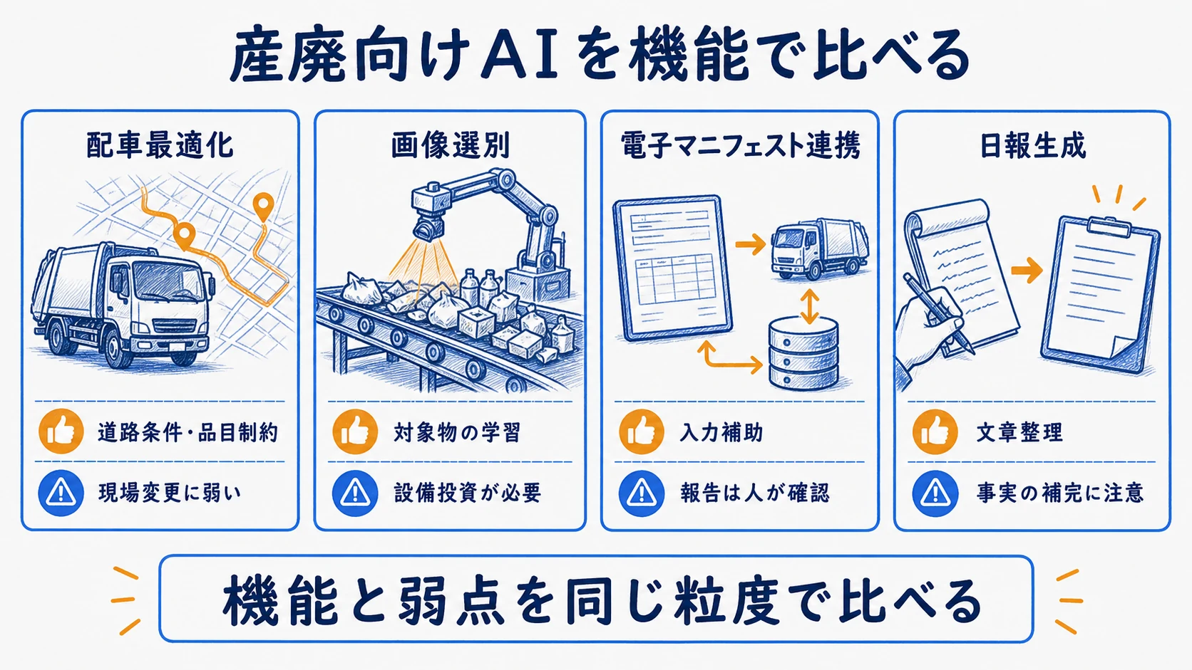 産廃向けAIを配車・画像選別・JWNET連携・日報生成の4機能で比べた図