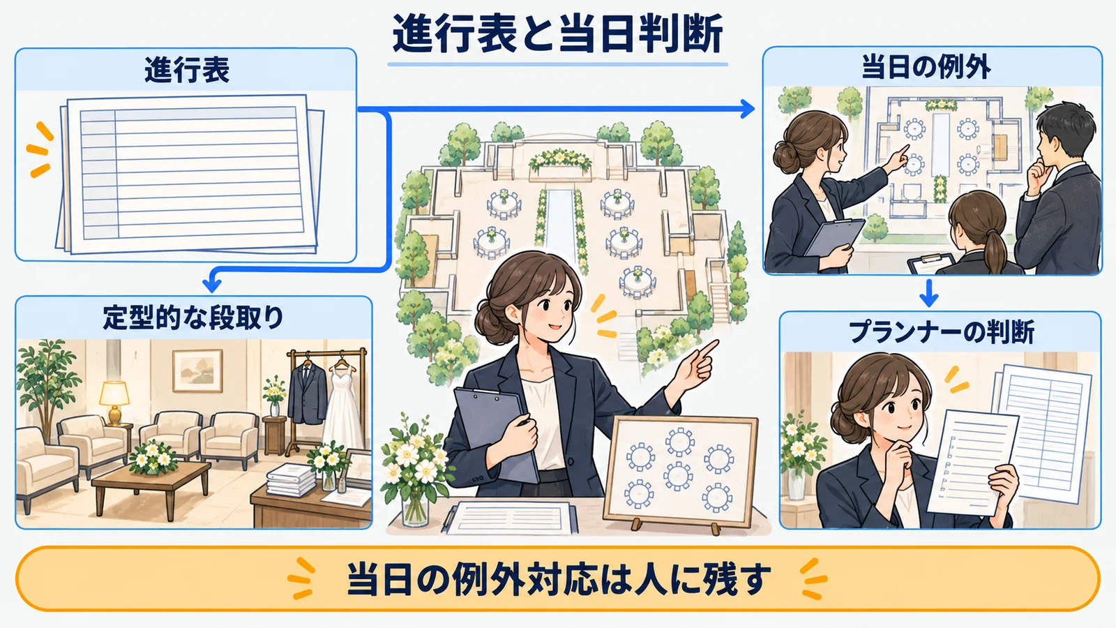 進行表、控室、会場のレイアウト図を使う定型案と当日判断の分岐図