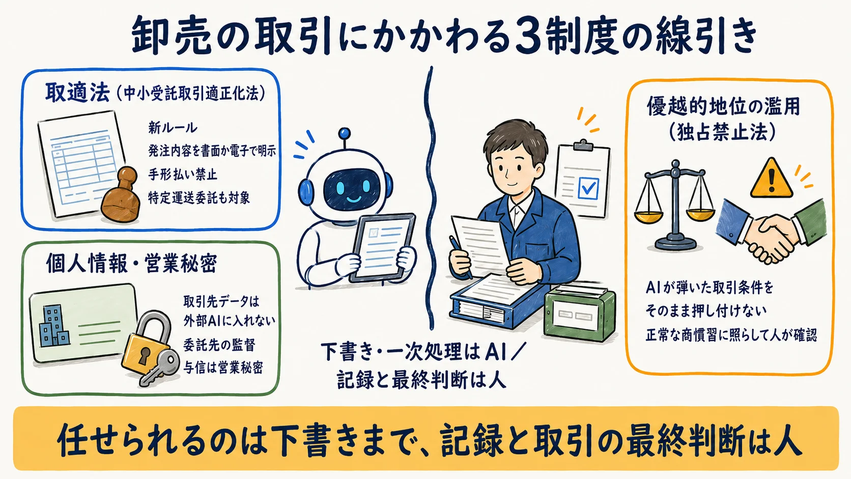 卸売業の3制度の線引き：取適法の明示義務・取引先データと個人情報/営業秘密・優越的地位の濫用の関係を整理した図