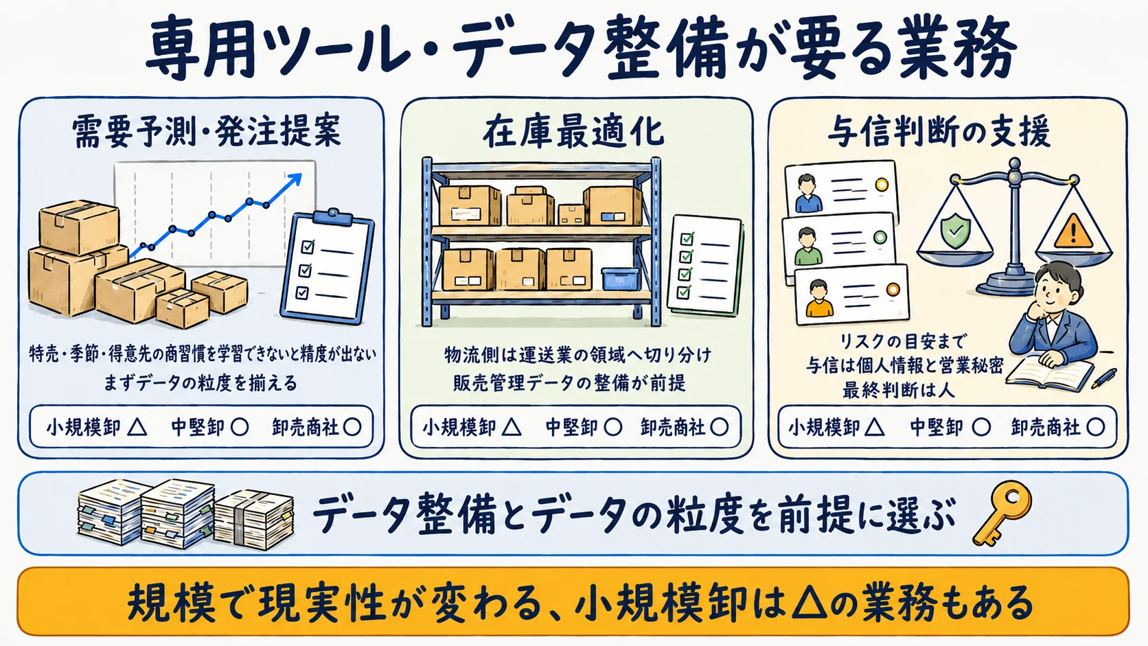 卸売業で専用ツールとデータ整備が要る業務：需要予測・在庫最適化・与信判断支援と規模で変わる現実性を示す図