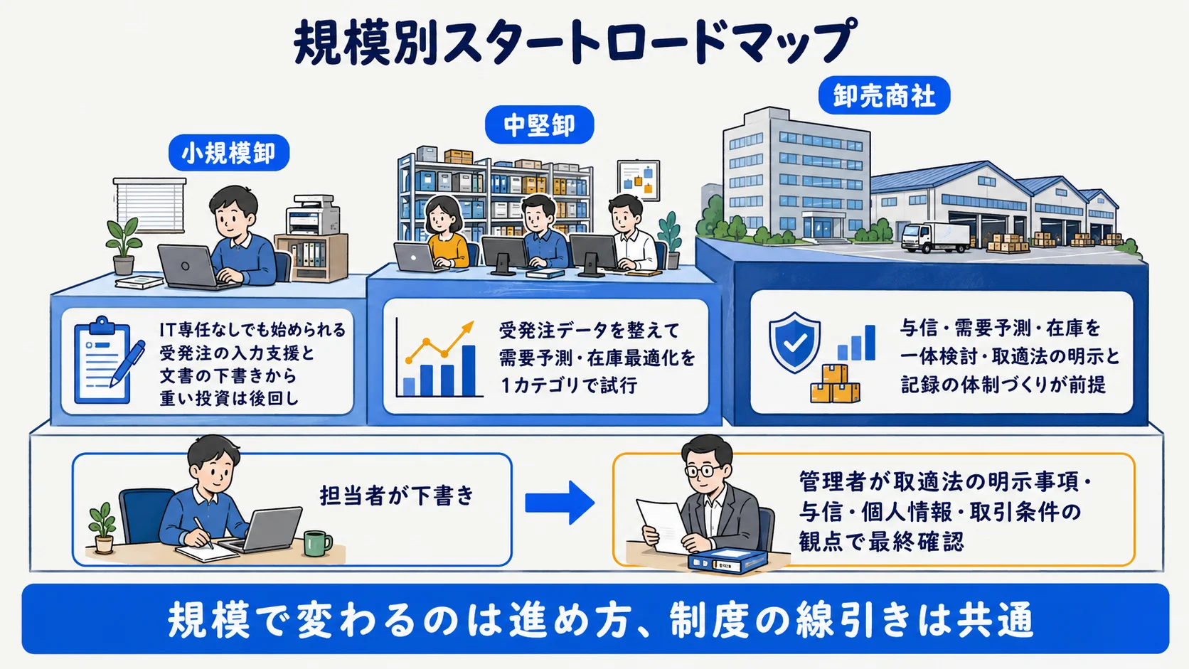 卸売業の規模別スタートロードマップ：小規模卸・中堅卸・卸売商社それぞれの着手順と二段構えの責任分界を示す図